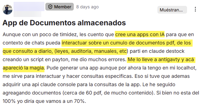 Captura original del testimonio de Miembro de la comunidad