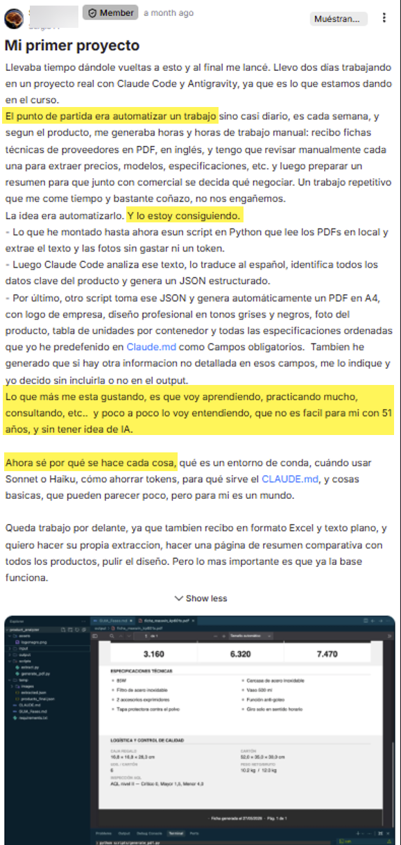 Captura original del testimonio de Miembro de la comunidad