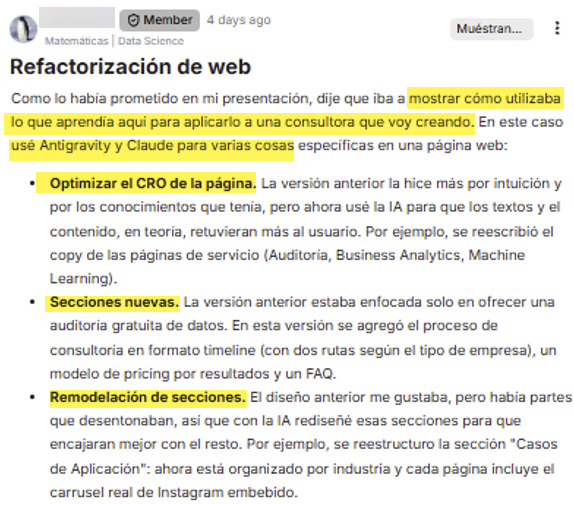 Captura original del testimonio de Matemáticas · Data Science